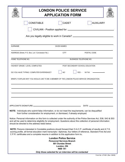 LONDON POLICE SERVICE APPLICATION FORM