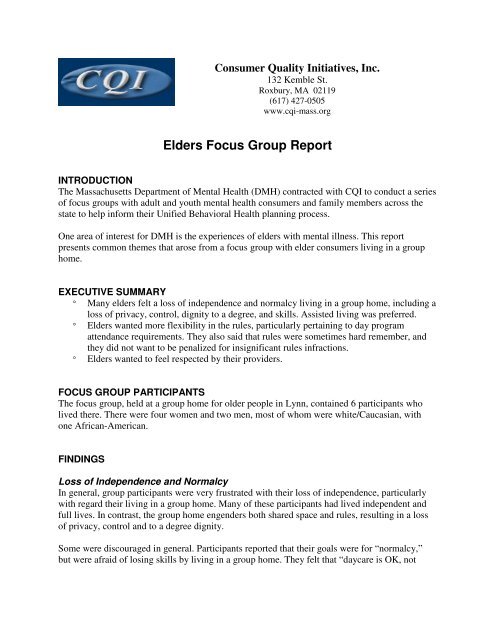 Elders Focus Group Report - Consumer Quality Initiatives