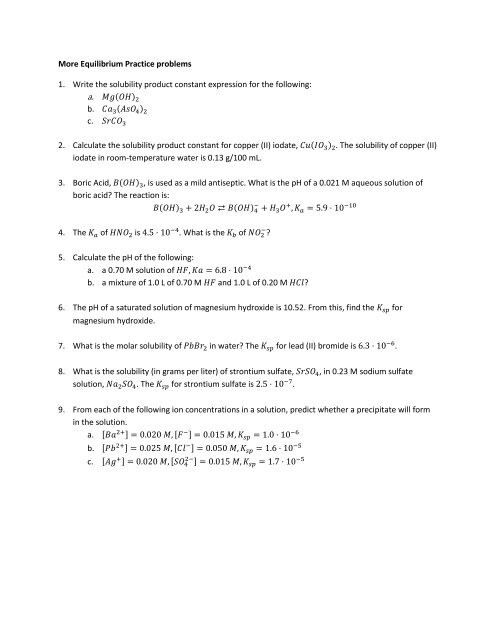 More Equilibrium Practice Problems 1 Write The Solubility Product More Equilibrium Practice Problems 1 Write The Solubility Product