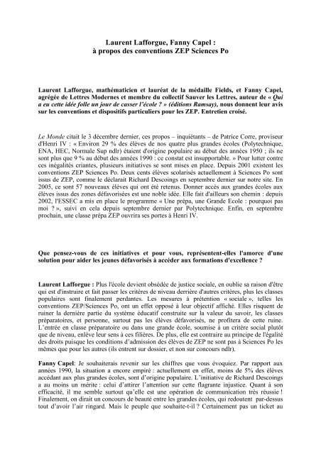 Laurent Lafforgue, Fanny Capel : Ã  propos des conventions ZEP ...