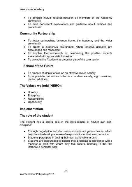 Behaviour Policy - Westminster Academy