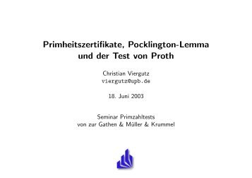 Primheitszertifikate, Pocklington-Lemma und der Test von Proth