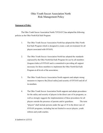 Ohio Youth Soccer Association North Risk Management Policy