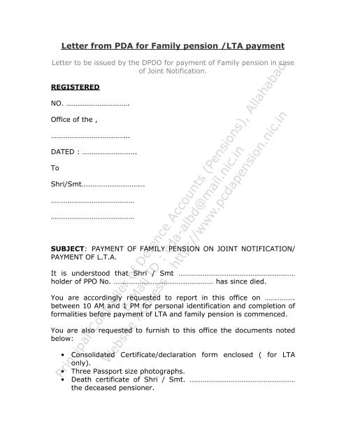 Letter from PDA for Family pension /LTA payment