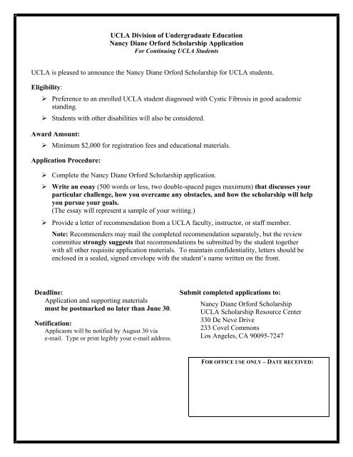 Nancy Diane Orford Scholarship Division Of Undergraduate