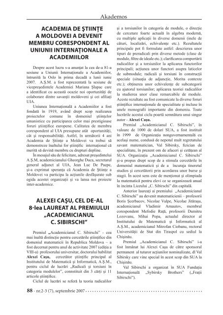 Academos 2007.indd - Akademos - Academia de ÅtiinÅ£e a Moldovei