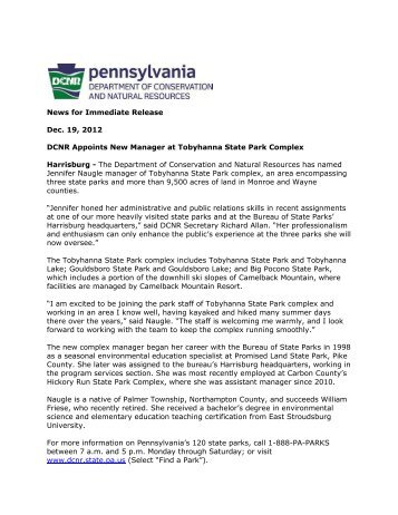 DCNR Appoints New Manager at Tobyhanna State Park Complex