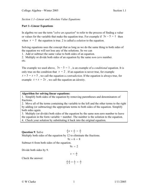 College AlgebraâWinter 2005 Section 1.1 Section 1.1--Linear and ...