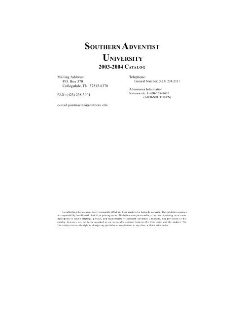UnderGrad Catalog 2003-04.pdf - Southern Adventist University