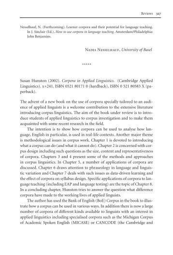 Review of "Corpora in Applied Linguistics" by Susan Hunston