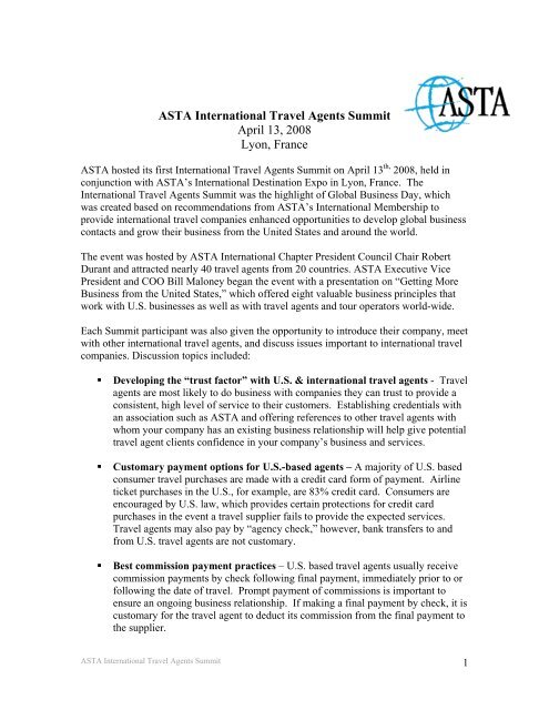 ASTA International Travel Agents Summit April 13, 2008 Lyon, France