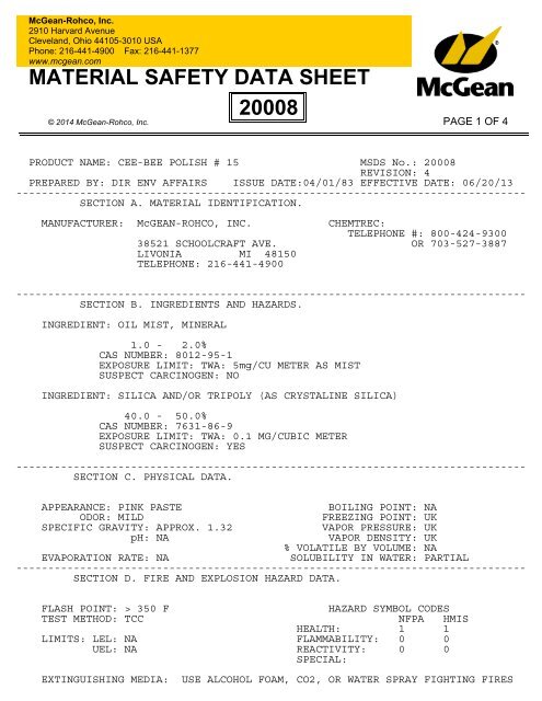 MATERIAL SAFETY DATA SHEET 20008 - McGean