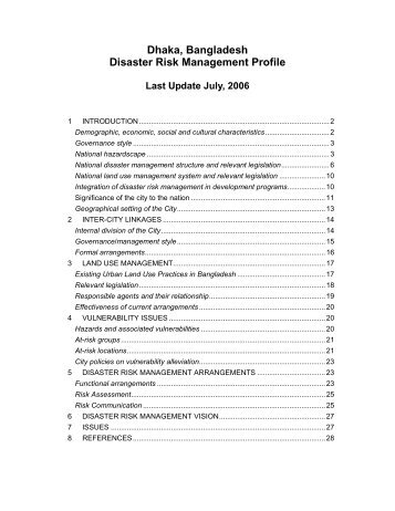 Dhaka, Bangladesh Disaster Risk Management Profile Last Update