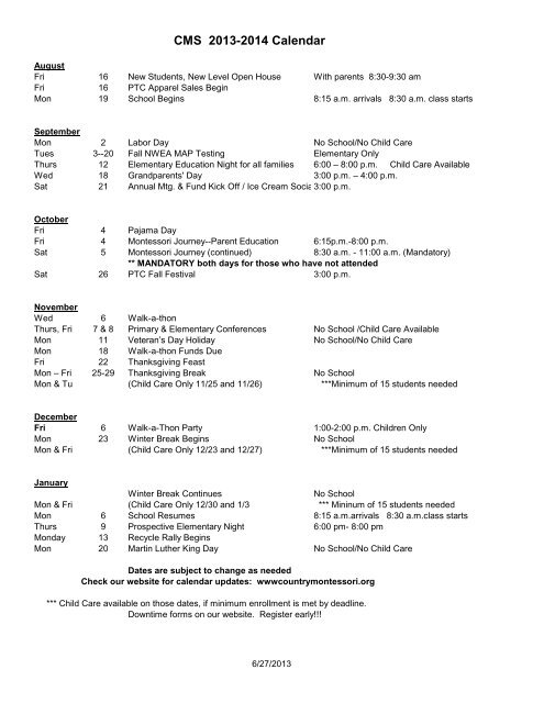 CMS 2013-2014 Calendar - Country Montessori School