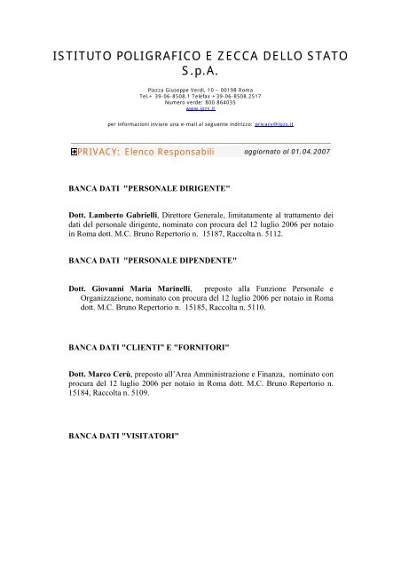 Elenco Responsabili al 01 04 2007 - Istituto Poligrafico e Zecca ...