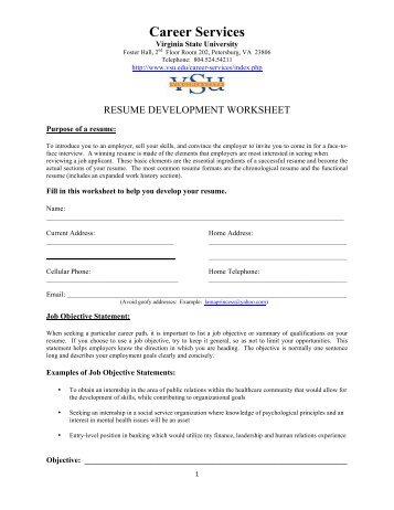 Resume Development Worksheet - Virginia State University