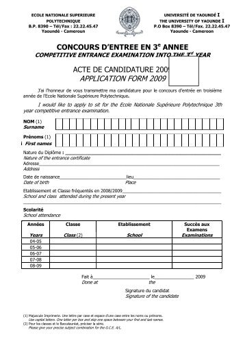 APPLICATION FORM 2009 - Université de Yaoundé I
