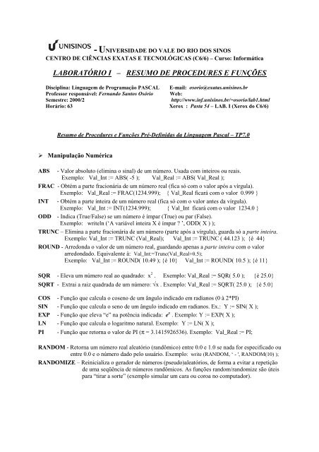 Lista de FunÃ§Ãµes e Procedimentos do Pascal