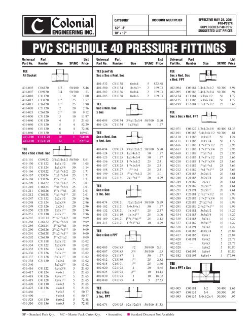 57322 PVC 40 Price Sheet - Colonial Engineering