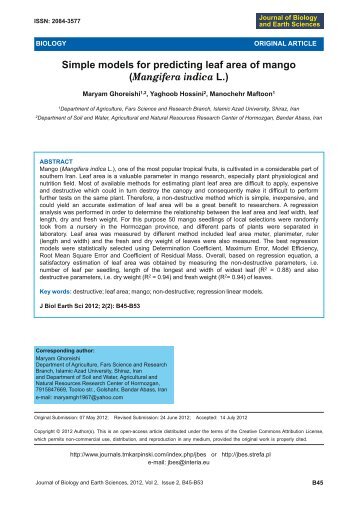 Simple models for predicting leaf area of mango (Mangifera indica L.)