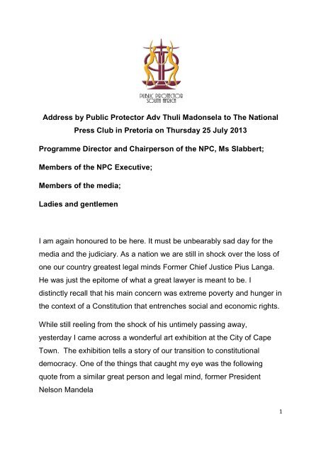 Address by Public Protector Adv Thuli Madonsela to The National ...