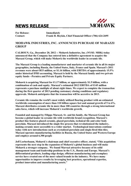 Mohawk Industries announces purchase of Marazzi - Permira