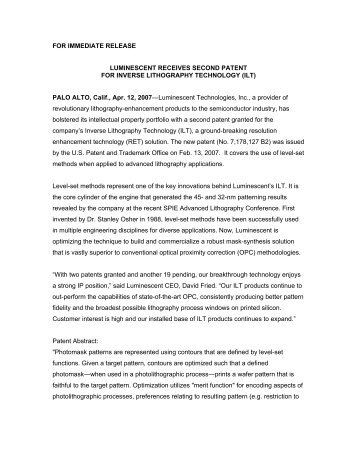 Luminescent 2nd Patent Press Release - Luminescent Technologies