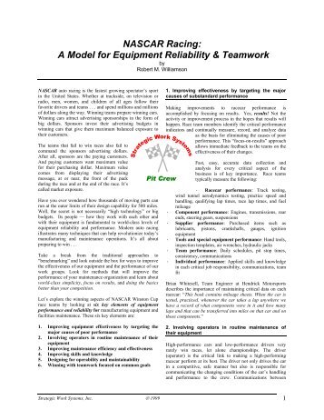 NASCAR Racing: A Model for Equipment Reliability & Teamwork