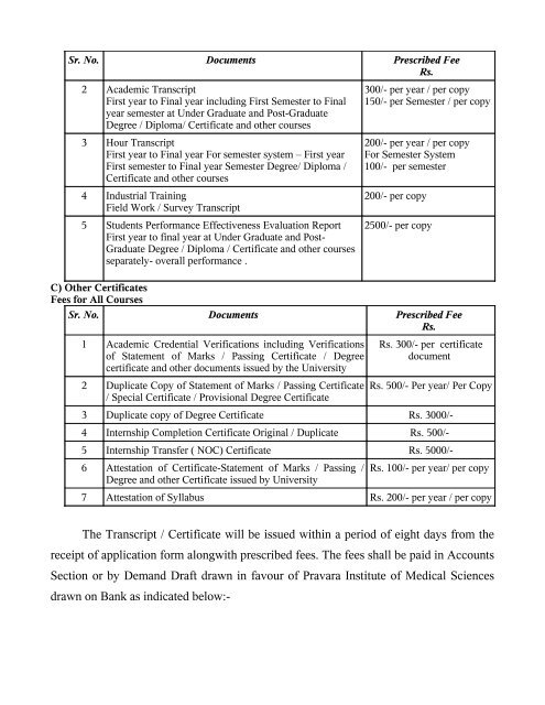 Fees for marks transcript - Pravara Institute of Medical Sciences
