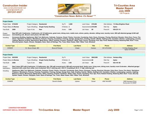 Construction Insider Master Report Tri-Counties Area July 2009 ...