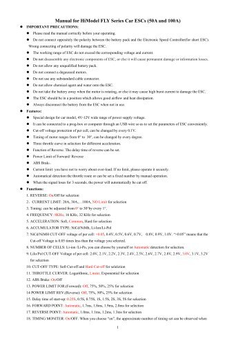 Manual for HiModel FLY Series Car ESCs (50A and 100A)