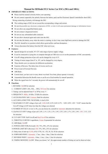 Manual for HiModel FLY Series Car ESCs (50A and 100A)