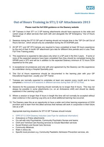 Out of Hours Training in ST1/2 GP Attachments - Wessex Deanery
