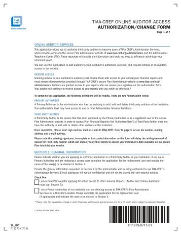 TIAA-CREF Online Auditor/Access Authorization/Change Form