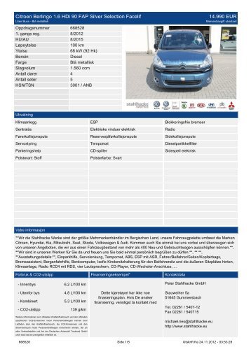 Citroen Berlingo 1.6 HDi 75 Attraction 12.990 EUR - stahlhacke werke