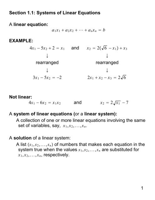 Section 1.1: Systems of Linear Equations A linear equation: a1x1 ...