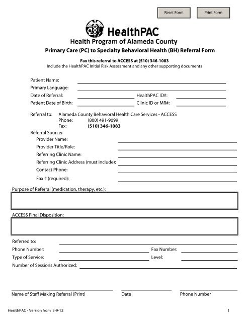 (PC) to Specialty Behavioral Health (BH) Referral Form - Alameda ...