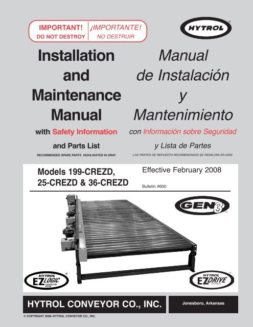 Installation and Maintenance Manual - Hytrol Conveyor Company