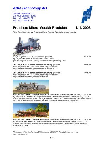 ABG Technology AG Preisliste Micro-Metakit Produkte 1. 1. 2003