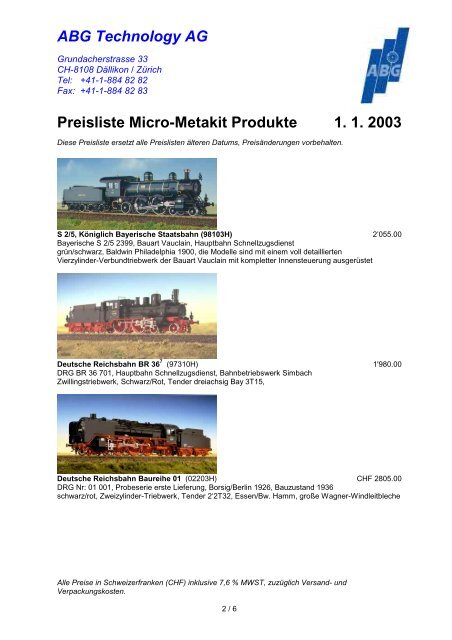 ABG Technology AG Preisliste Micro-Metakit Produkte 1. 1. 2003