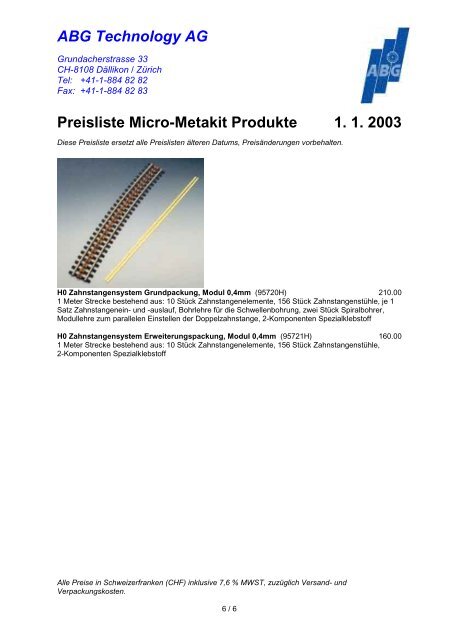 ABG Technology AG Preisliste Micro-Metakit Produkte 1. 1. 2003