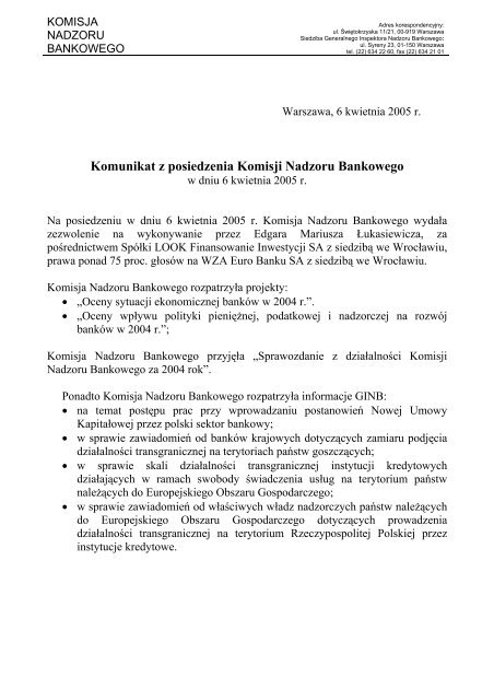 Komunikat z posiedzenia Komisji Nadzoru Bankowego - Komisja ...