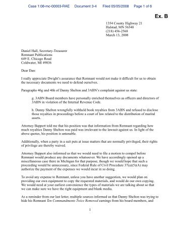 ex b subpoena served upon remnant with cover letter 3abn v joy