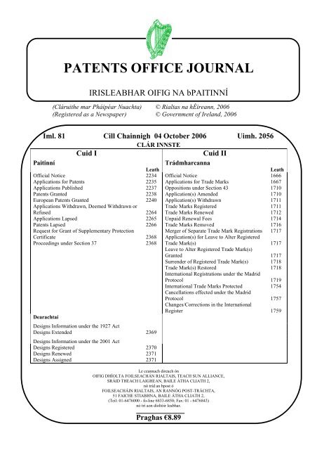 PATENTS OFFICE JOURNAL - Irish Patents Office