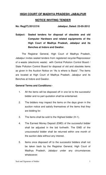 high court of madhya pradesh: jabalpur notice inviting tender
