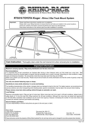 Toyota Kluger Rhino Rack Roof Rack instructions