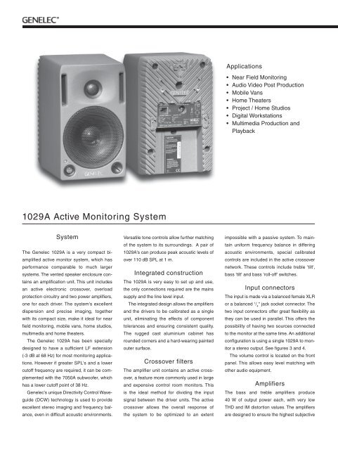 Genelec 1029A Bi-amplified Monitoring System Data Sheet