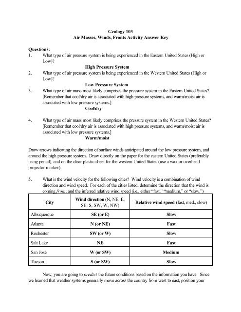 Geology 103 Air Masses, Winds, Fronts Activity Answer Key 