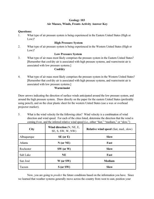 Geology 103 Air Masses Winds Fronts Activity Answer Key 