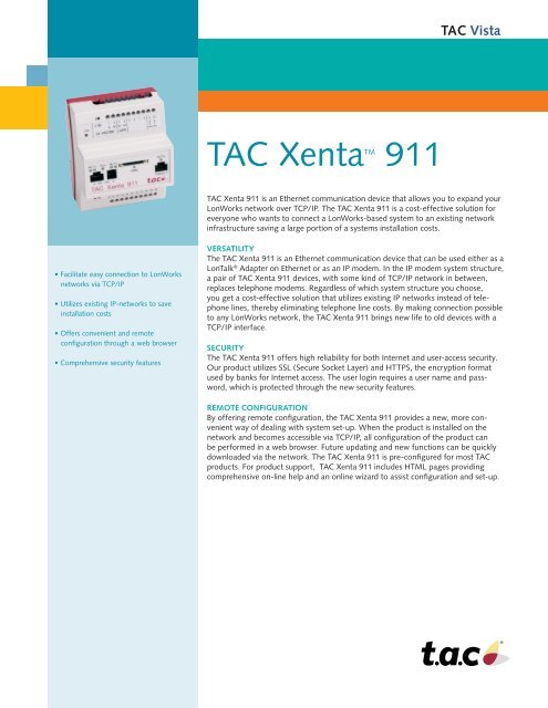 TAC Xenta 911 Access control controllers product datasheet